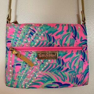 Lilly Pulitzer Pink and Blue/Green Crossbody Bag with Tropical Palm Tree VGUC